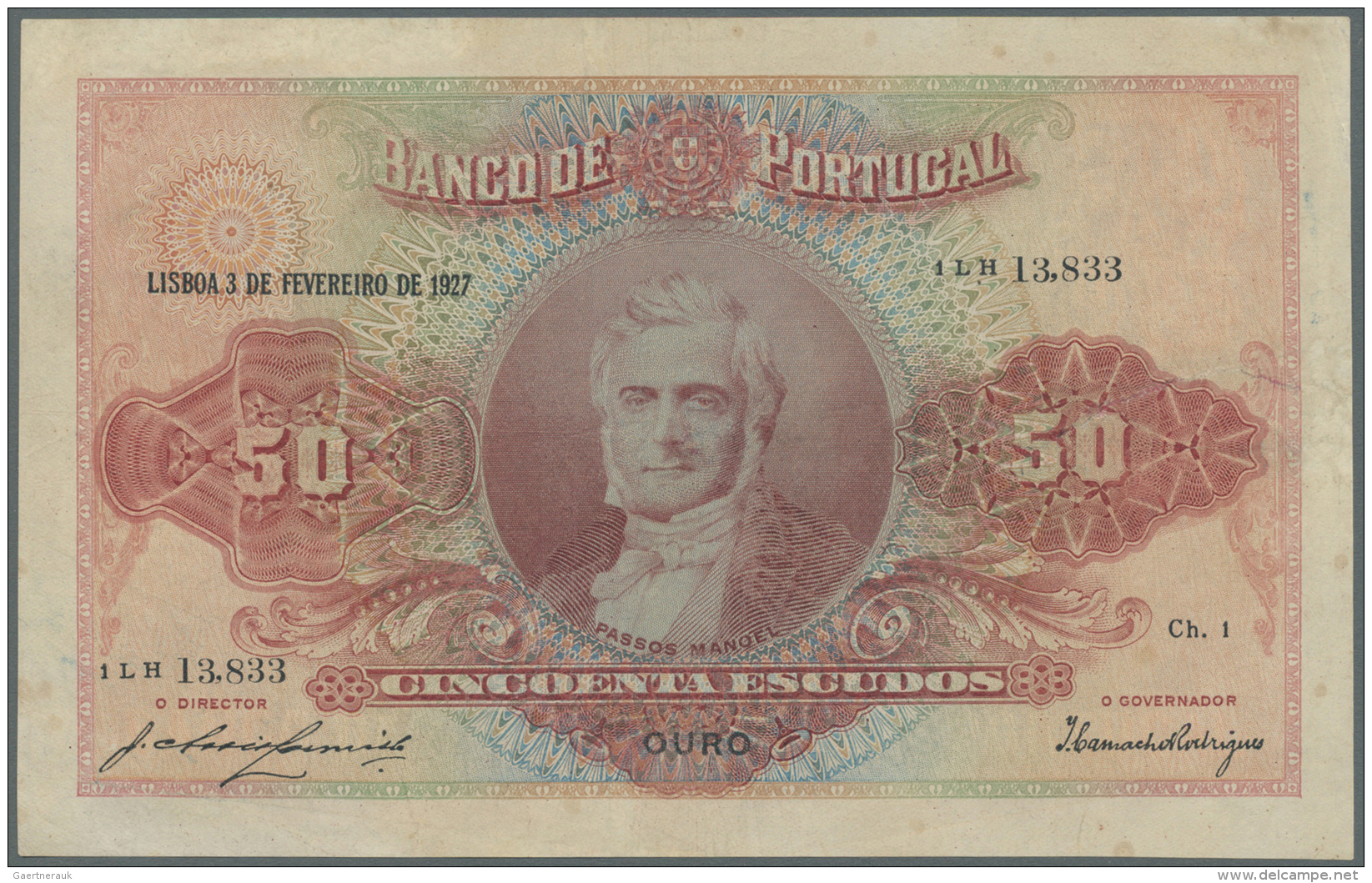 Portugal: 50 Escudos 1927 P. 123, Lightly Stained Paper, Only Light Folds, A Professionally Repaired 1cm Tear At Lower R - Portugal