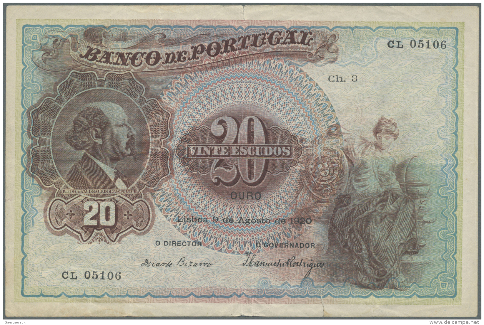 Portugal: 20 Escudos 1920 P. 122, Center Fold, 2 Small Border Tears (6mm At Upper And Lower Border) And One 2mm Tear At - Portugal