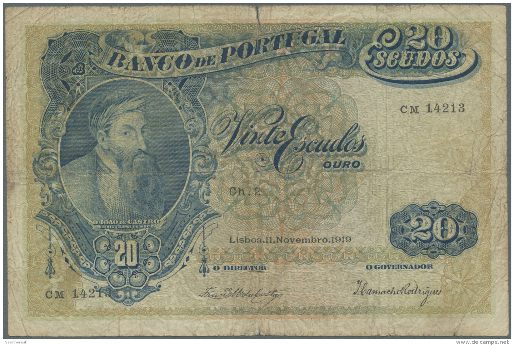 Portugal: 20 Escudos 1919 P. 118, Stained Paper, Several Folds, Strong Center Fold, Center Hole, One Border Tear 5mm At - Portogallo