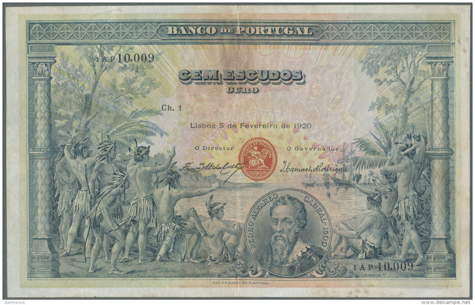 Portugal: 100 Escudos 1920 P. 116, Beautiful Large Size Note, Traces Of Stain At Upper Border In The Area Of A 1,5cm Tea - Portugal