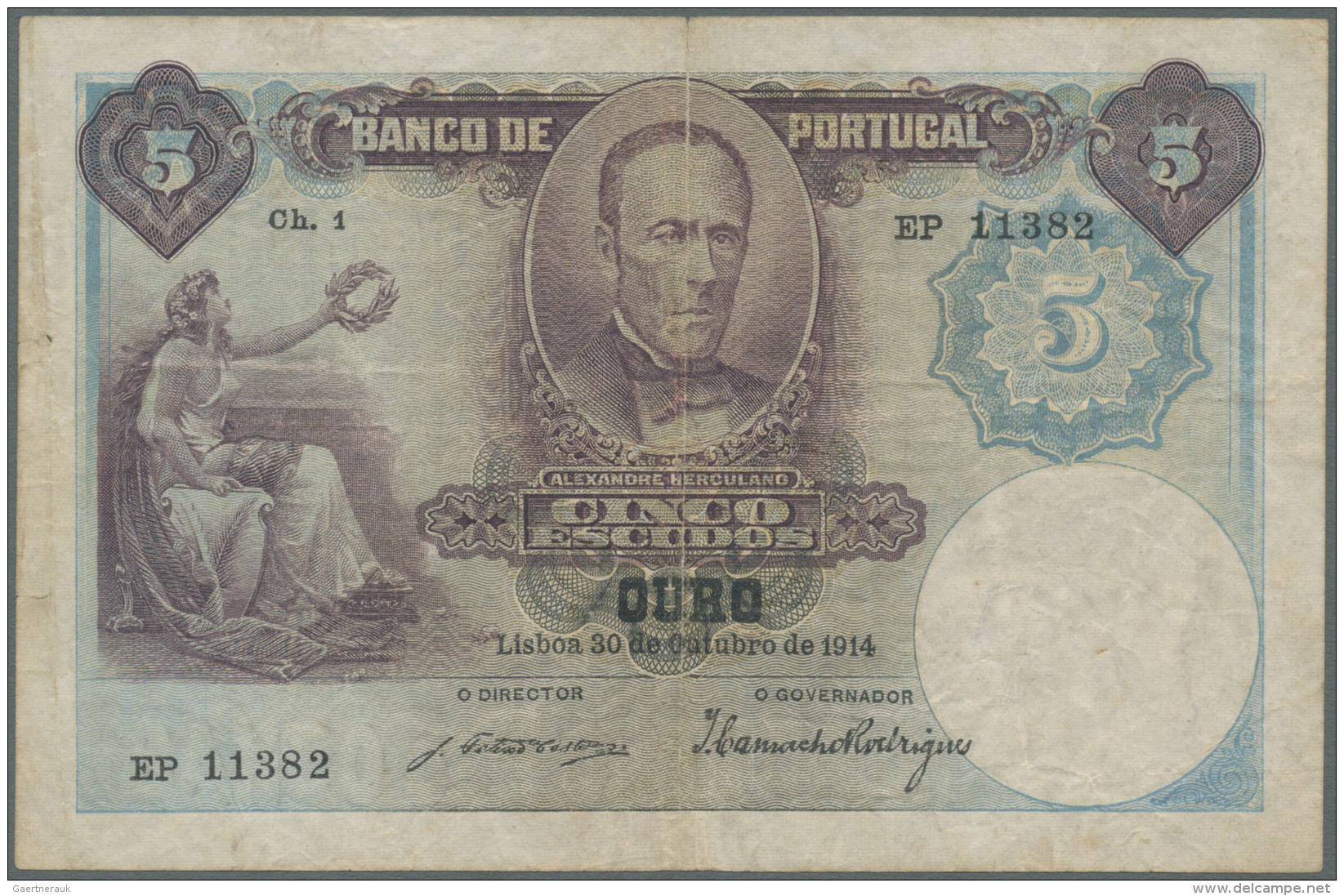 Portugal: 5 Escudos 1914 P. 114, Center Fold, Creases In Paper, Two 4mm Tears At Left Border, 2mm Tear At Upper Border, - Portugal
