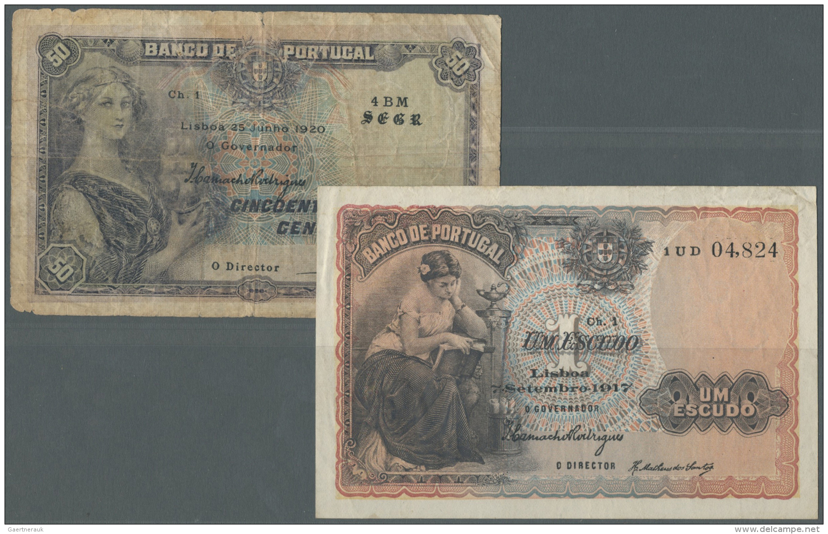 Portugal: Set Of 2 Notes Containing 20 Centavos 1920 P. 112b (F To F-) And 1 Escudo 1917 P. 113a (VF- With Crisp Paper A - Portugal