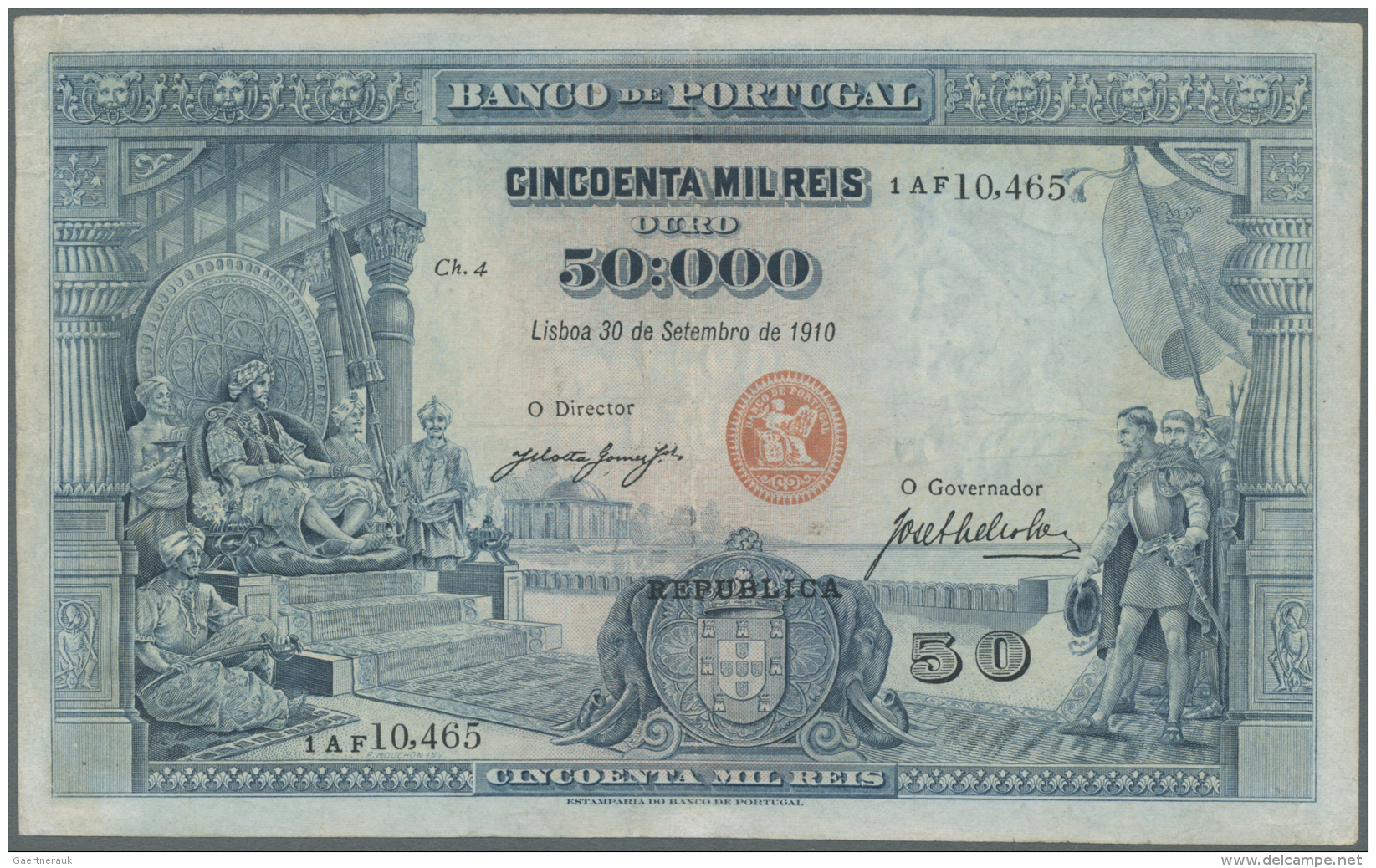 Portugal: 50.000 Reis 1910 P. 110, Center Fold, 2 Tiny Parts At The End Of The Center Fold (upper And Lower Border) Are - Portugal