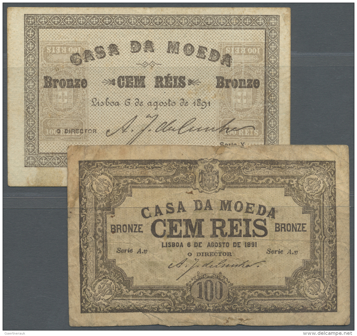 Portugal: Set Of 2 Notes Containing 100 Reis 1891 P. 88 (VF- To F+) And 100 Reis 1891 P. 89 (F-), Nice Set. (2 Pcs) - Portugal