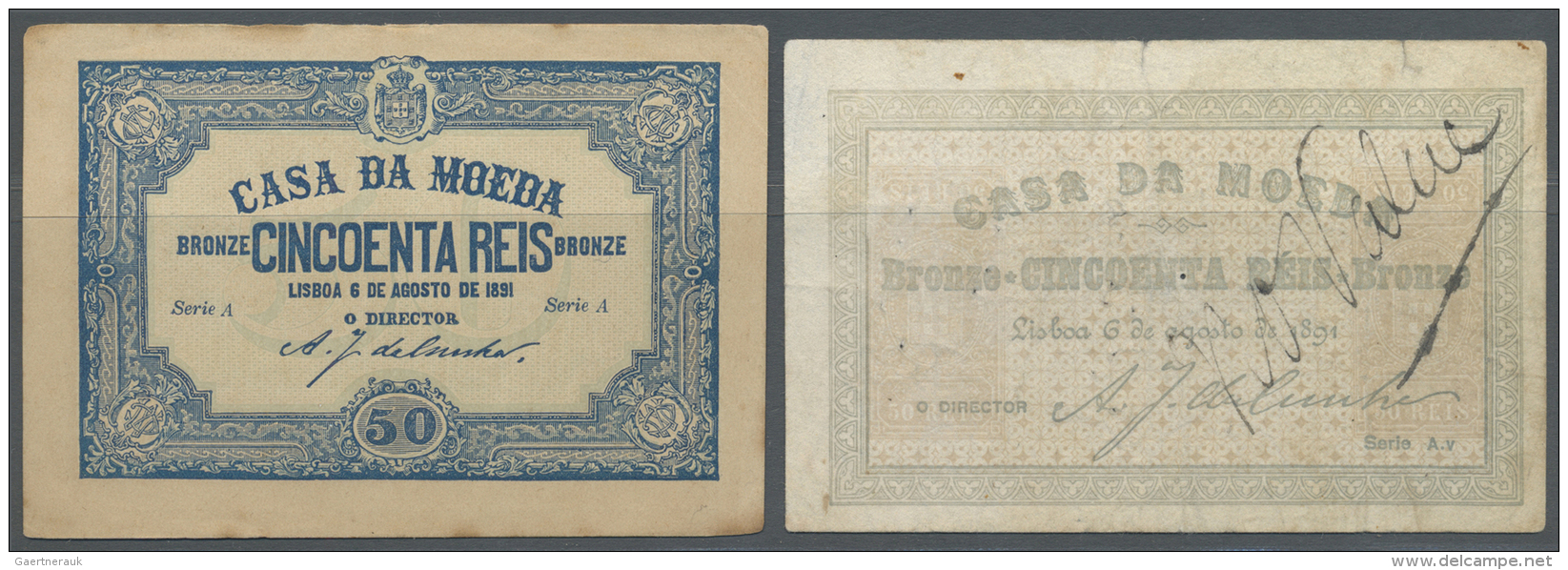Portugal: Set Of 2 Notes Containing 50 Reis 1891 P. 86 (F) And 50 Reis 1891 P. 87 (XF), Nice Set. (2 Pcs) - Portugal