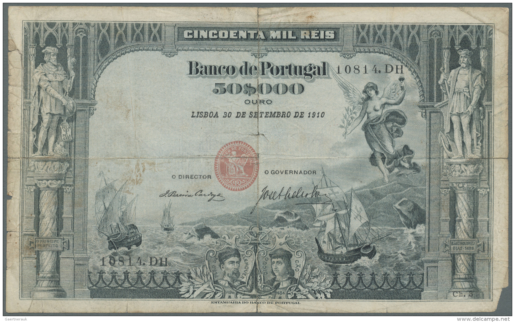 Portugal: 50.000 Reis 1910 P. 85, Rare Note, Center And Horizontal Fold, Some Border Tears, Missing Part At Lower Right - Portugal