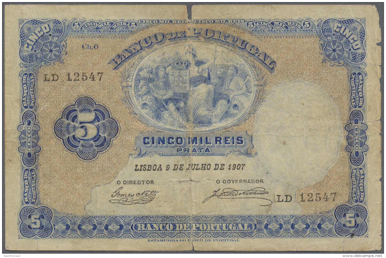 Portugal: 5000 Reis 1907 P. 83, Strong Center Fold, Stained Paper, A Broad Tear (5mm Long) At Upper Border Caused By Cen - Portugal