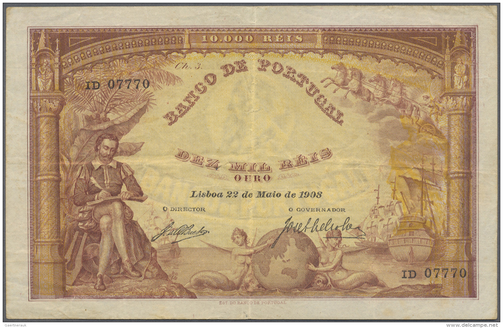 Portugal: 10.000 Reis 1908 P. 81, Beautiful Note, Vertical And Horizontal Fold, Handling In Paper, One Hole Left Center - Portugal