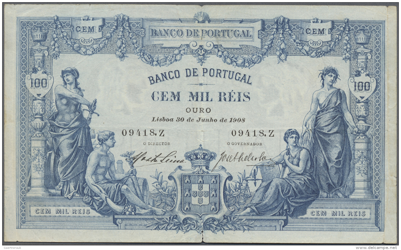 Portugal: 100.000 Reis 1908 P. 78, Highly Rare And Beautiful Note, Stronger Center Fold, A Very Very Tiny Hole At Center - Portugal