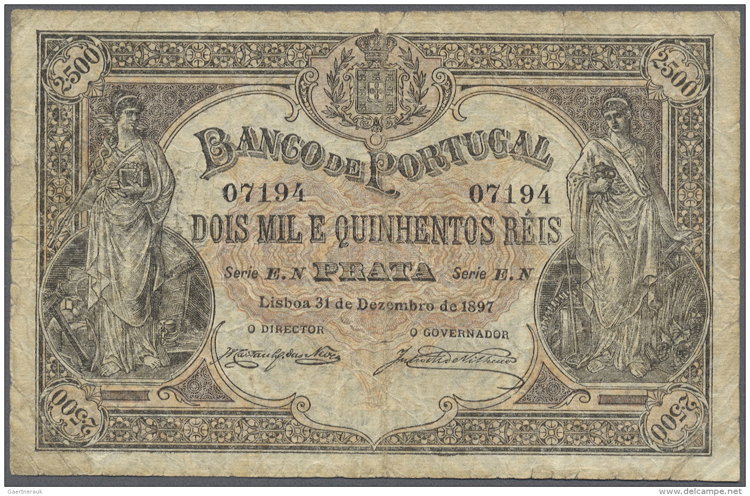 Portugal: 2500 Reis 1897 P. 74, Very Rare Issue, Folded, A Bit Stained Paper, One Very Small Hole In Center, Overall Nic - Portugal