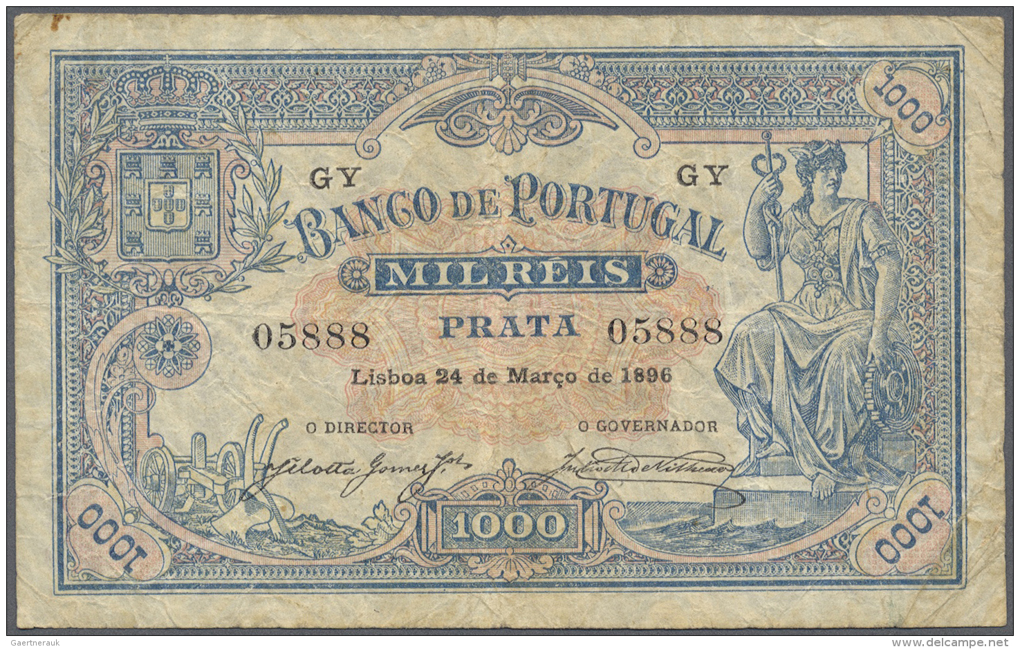 Portugal: 1000 Reis 1896 P. 73, Folds, Creases In Paper, No Holes Or Tears, Original Colors, Condition: F. - Portugal