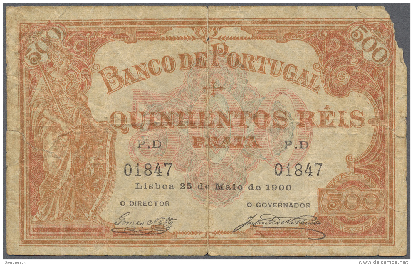 Portugal: 500 Reis 1900 P. 72, Strong Center Fold, Missing Part At Upper Right Corner, One Tear 1cm At Left And Top Bord - Portogallo