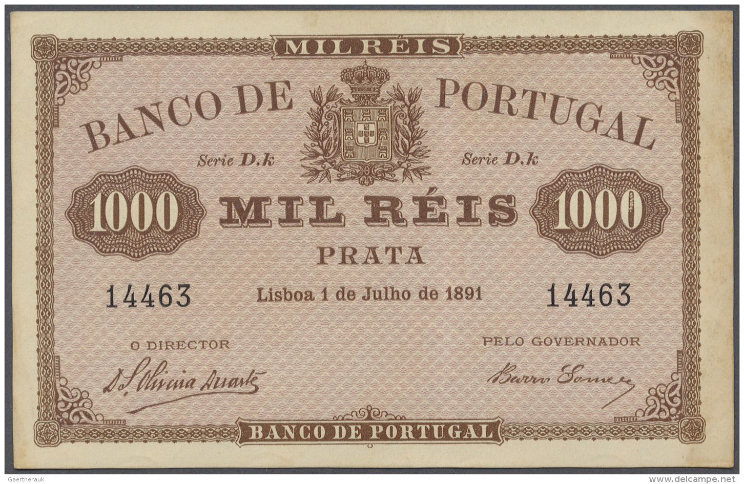 Portugal: 1000 Reis 1891 P. 66, One Vertical Fold, Slight Dints At Upper Right And Lower Left Corner, Light Staining At - Portugal