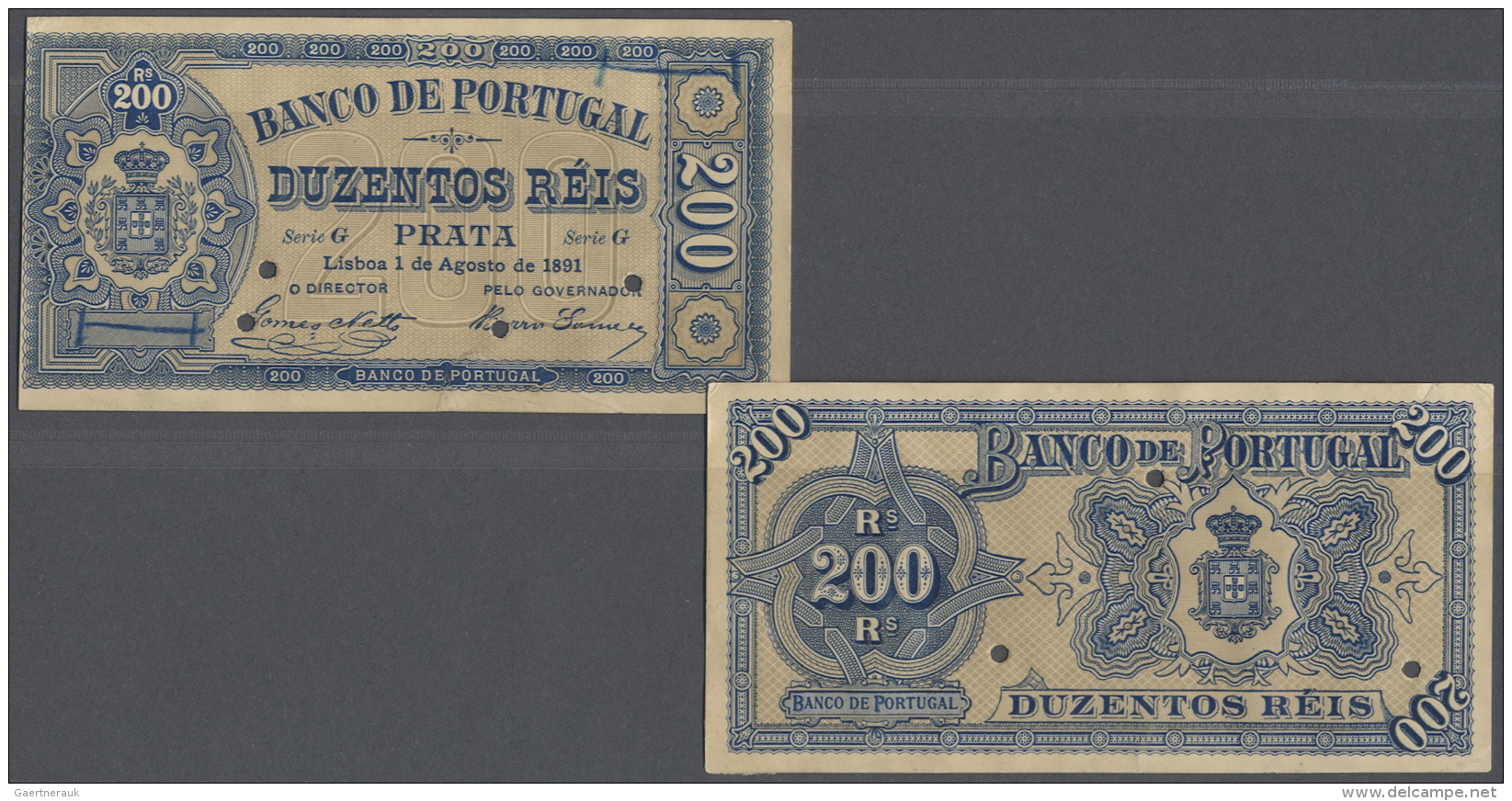 Portugal: 200 Reis 1891 Proof P. 63(p), Consisting Of 2 Pieces, Front And Back Seperatly Printed, Hole Cancellations, No - Portugal
