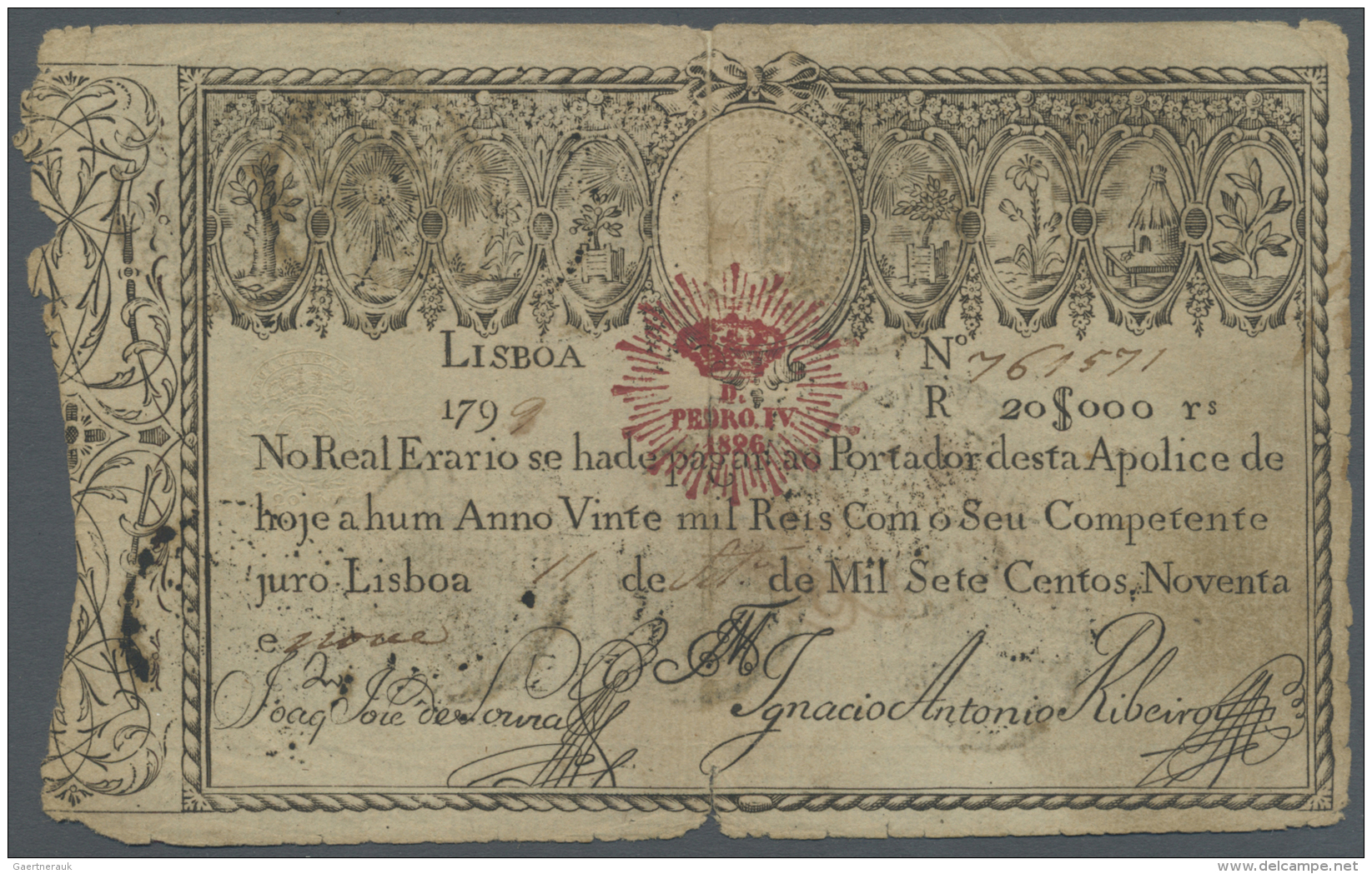 Portugal: 20.000 Reis 1826 P. 31, Stonger Used As Normal For This Type Of Note, Taped But Intact, Condition: VG. - Portogallo