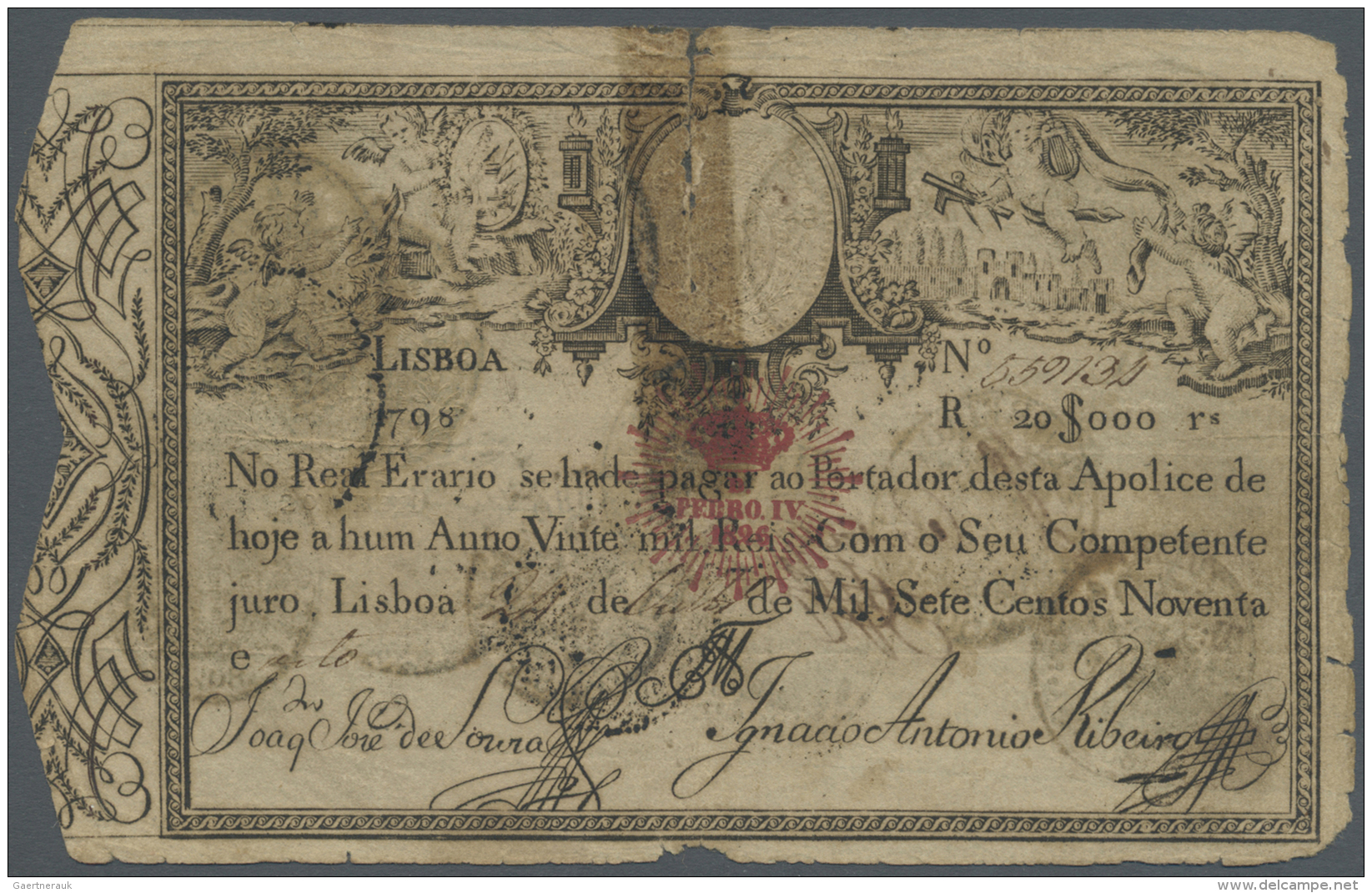 Portugal: 20.000 Reis 1826 P. 30, Stonger Used As Normal For This Type Of Note, Taped But Intact, Condition: VG. - Portugal