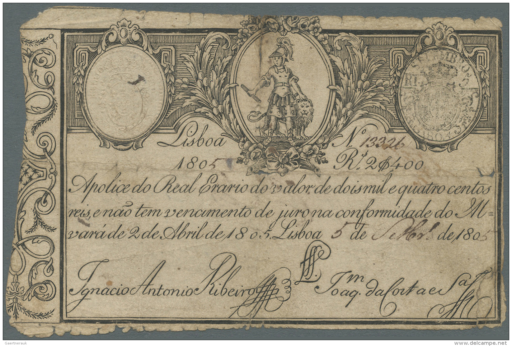 Portugal: 2400 Reis 1805 P. 17, Stronger Used, Center Hole, Worn Borders, Softness In Paper, Not Taped, Usual Condition - Portugal