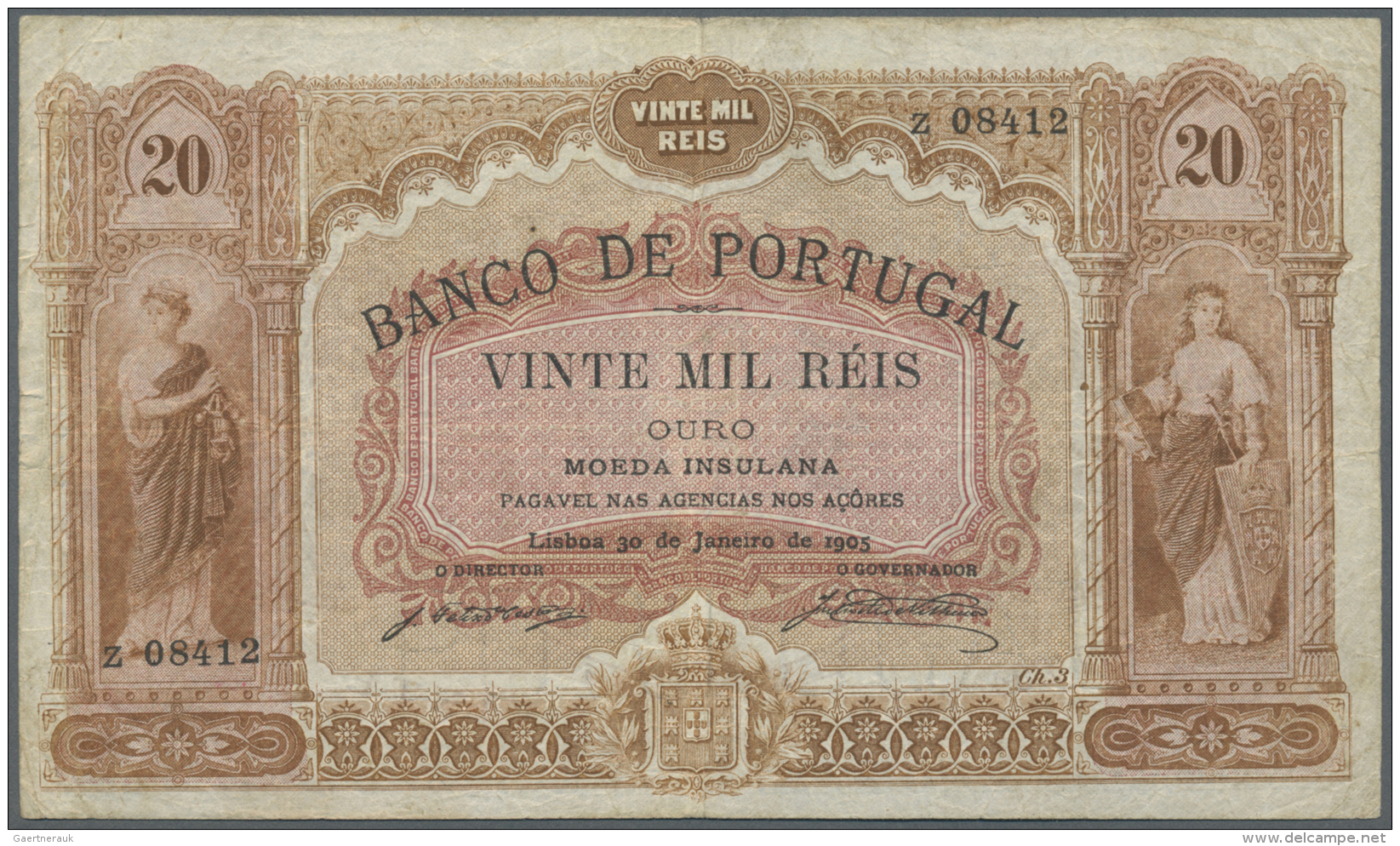 Portugal: Very Rare Issue Of The Bank Of Portugal For The AZORES,  20 Mil Reis 1905 P. 13, Used With Several Folds And C - Portugal