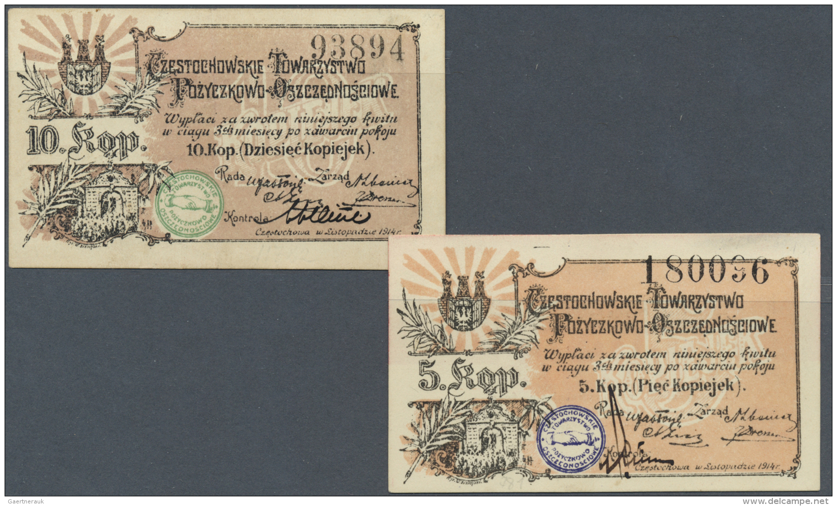 Poland / Polen: Set Of 2 Notes Containing 5 And 10 Kopeks 1914   CzÄ™stochowskie  Towarzistwo  PoÅºyczkowo  OszczednoÅ›c - Pologne