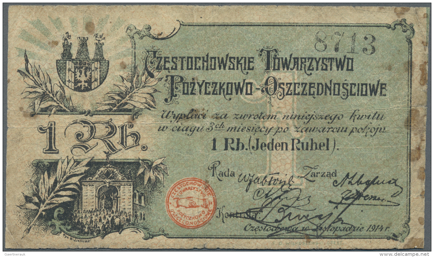 Poland / Polen: 1 Ruble 1914   CzÄ™stochowskie  Towarzistwo  PoÅºyczkowo  OszczednoÅ›ciowe K.19.19.11 In Well Worn Condi - Pologne
