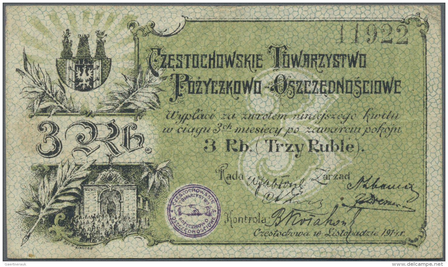 Poland / Polen: 3 Rubles Kopeks 1914   CzÄ™stochowskie  Towarzistwo  PoÅºyczkowo  OszczednoÅ›ciowe K.19.19.12 In Conditi - Pologne
