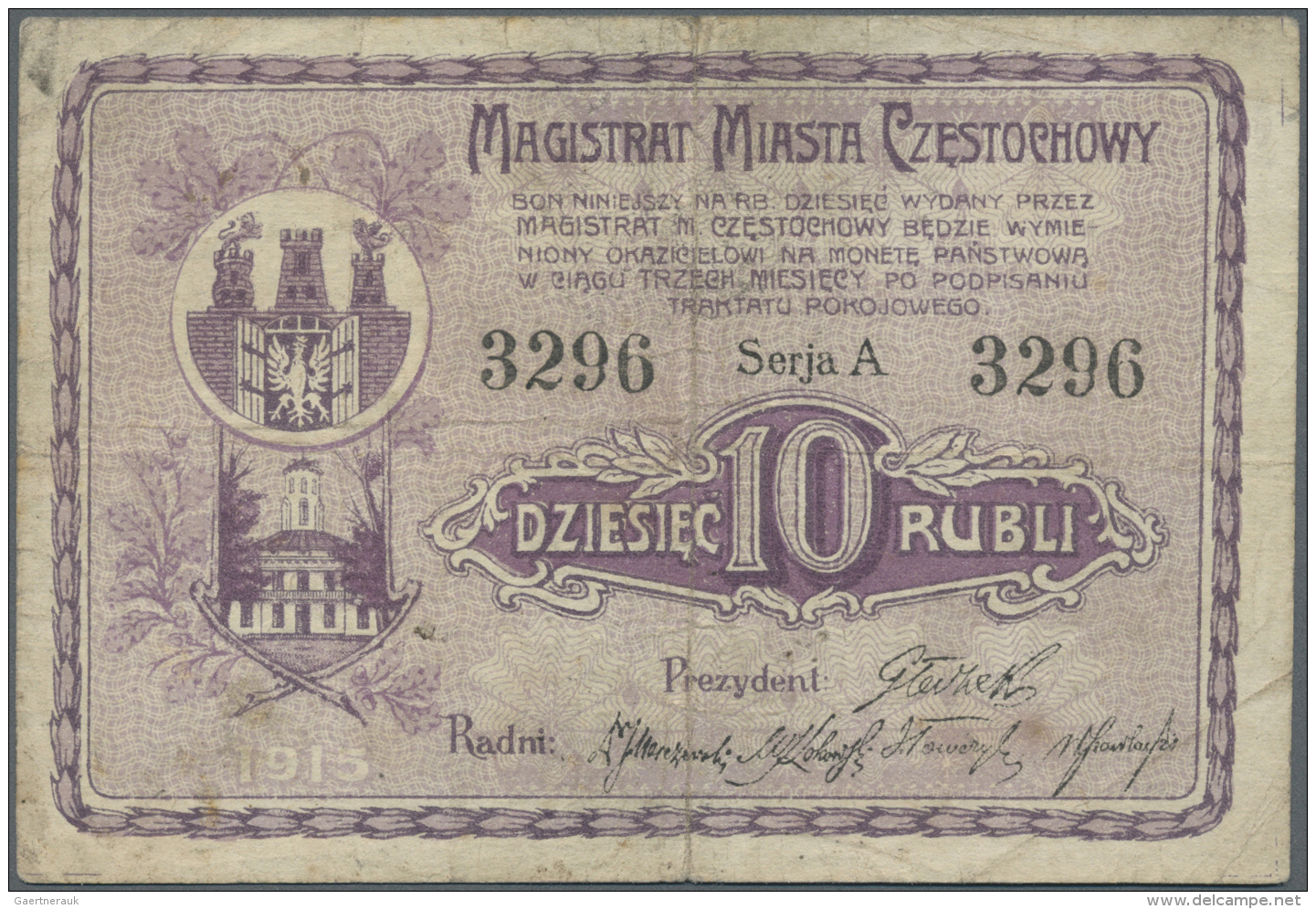 Poland / Polen: 10 Rubli 1915 K.19.19.2, Magistrat Miasta Czestochowy In Used Condition Wiht Folds And Stained Paper, Mi - Pologne