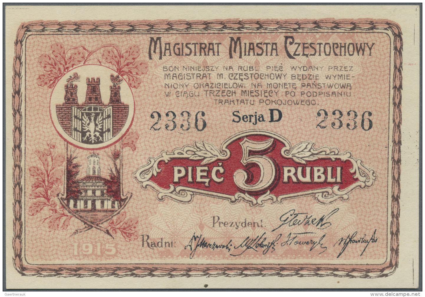 Poland / Polen: 5 Rubli 1915 K.19.19.1, Magistrat Miasta Czestochowy In Condition: UNC. - Pologne