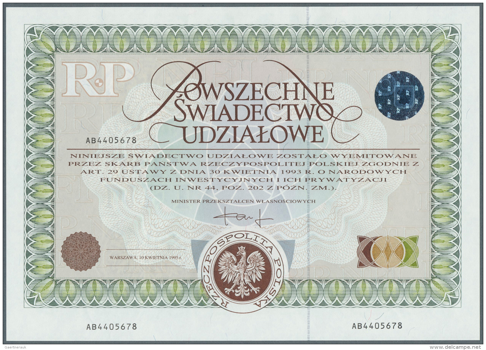 Poland / Polen: Privatization Certificate, Issued By The Polish Government In 1993. Very Nice Looking Document With Holo - Pologne