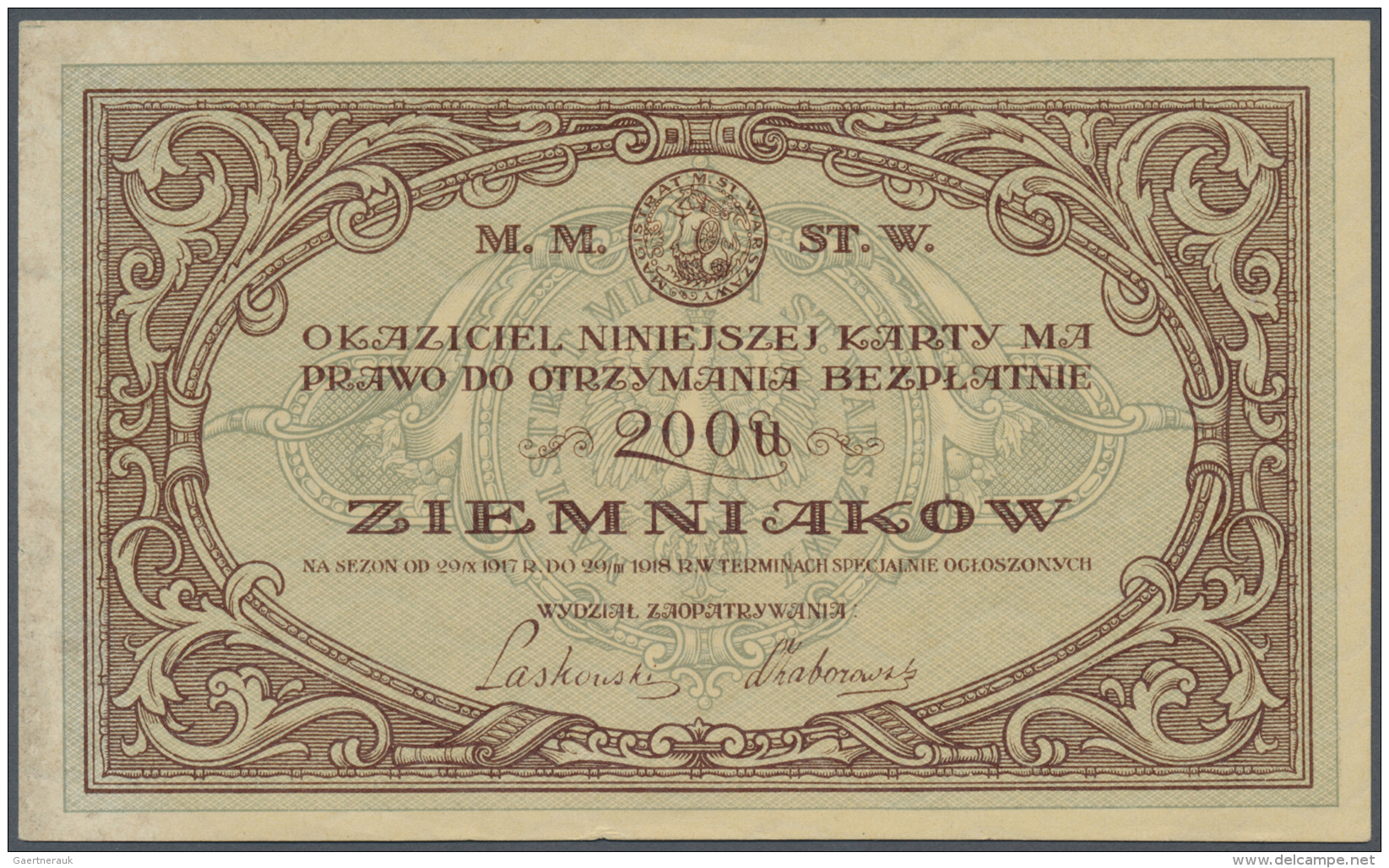 Poland / Polen: World War I Ration Card 1918 For 200 Pounds Of Potatoes, Printed On Watermarked Paper In Condition: XF-. - Pologne