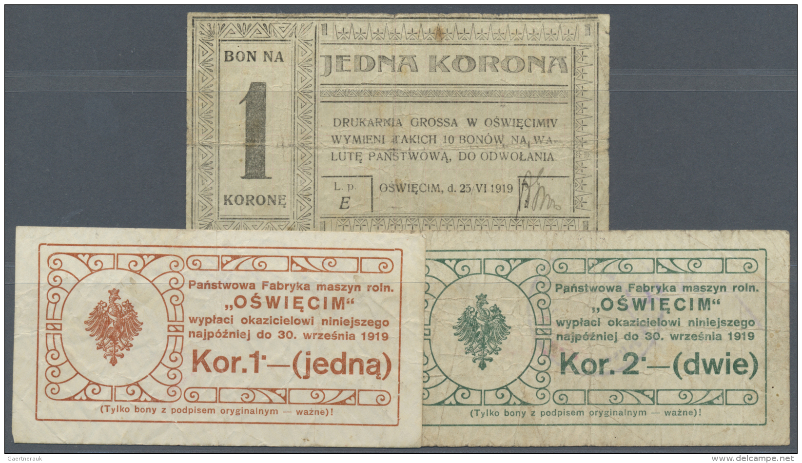 Poland / Polen: Set Of 3 Regional Issue Notes For Auschwitz Oswiecim Containing 2 Different 1 Korona 1919 And 2 Korona 1 - Pologne