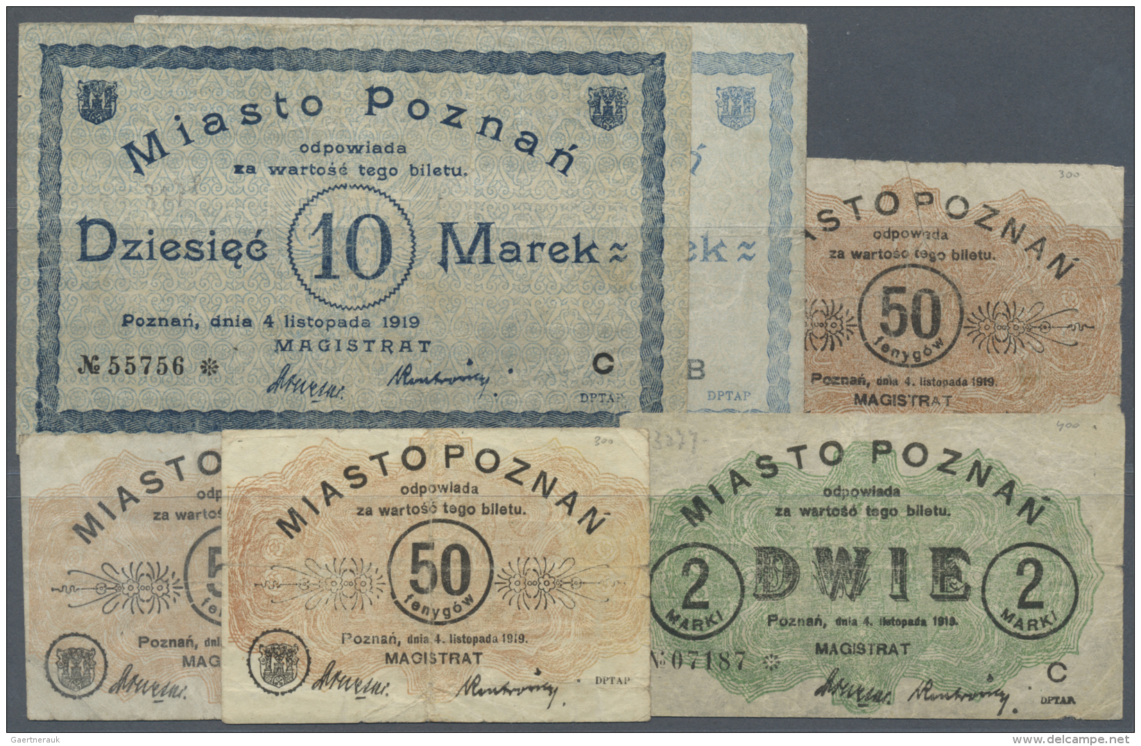Poland / Polen: Set Of 6 Notes Regional Issues For Miasto Poznan Containing 3x 50 Pfennig 1919 (F-), 2 Marki 1919 (F) An - Pologne