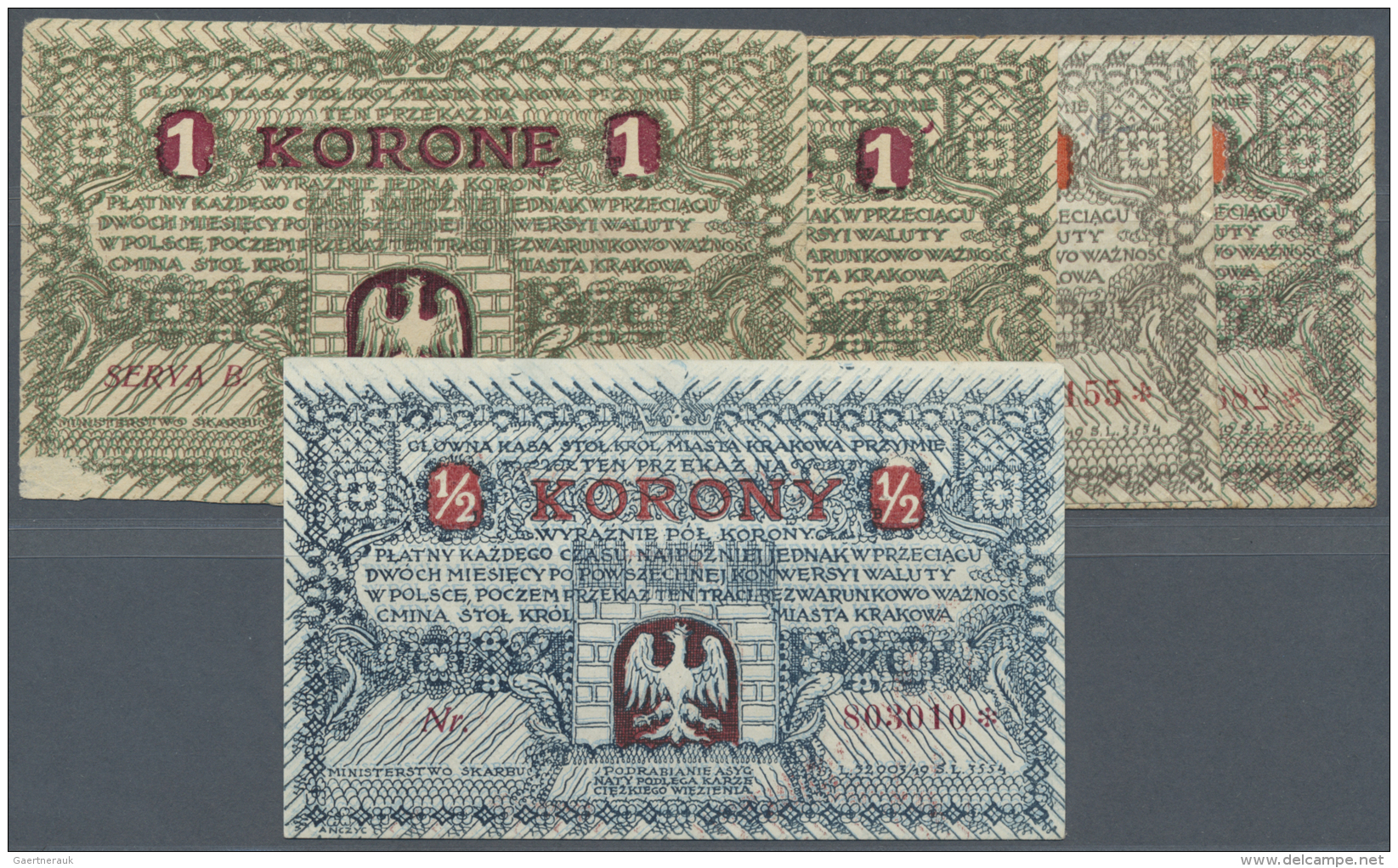 Poland / Polen: Set Of 5 Notes Regional Issues Containing Krakow 4x 1 Krone (F) And 1x 1/2 Krone 1919 (VF), Nice Set. (5 - Pologne