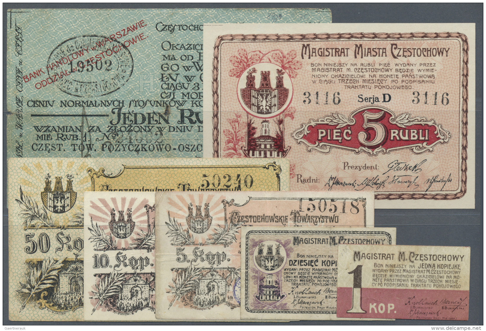 Poland / Polen: Set Of 7 Regional Issue Notes For Czestochwa Containing 1 Kopek 1916 And 10 Kopek 1916 (F), 5 Kopeks 191 - Pologne