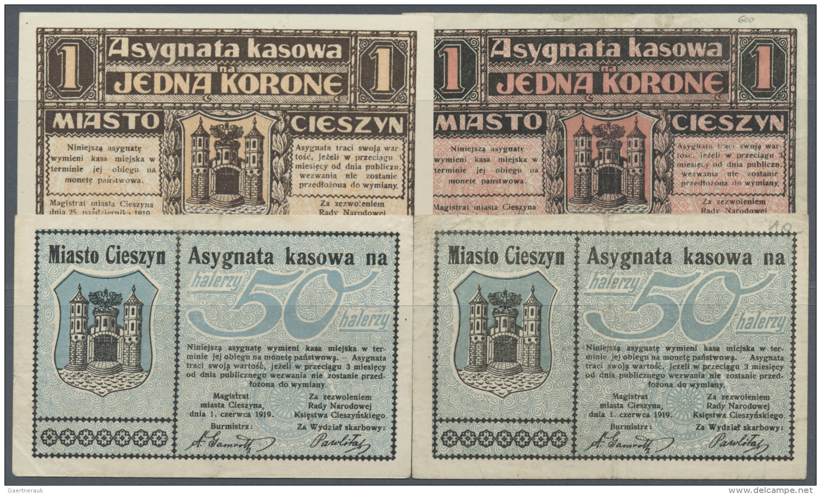 Poland / Polen: Set Of 4 Notes Regional Isses For Cieszyn Containing 2x 50 Halerzy (F+) And 2x 1 Korona 1919 (aUNC And F - Pologne