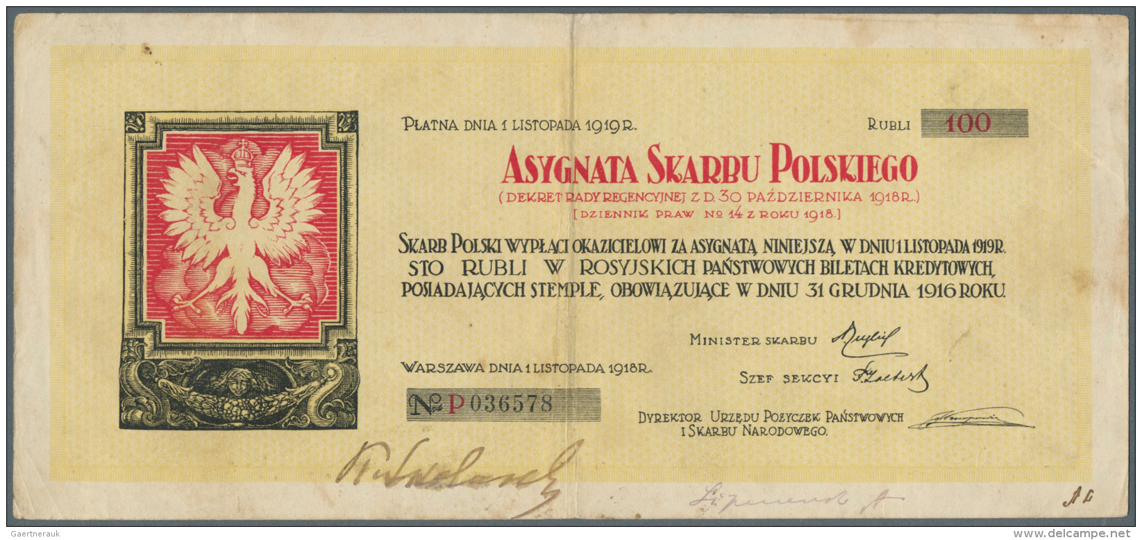 Poland / Polen: Asygnata Skarbu Polskiego 100 Rubli 1918, P.NL In Used Condition With Some Stains And Folds. Condition: - Pologne