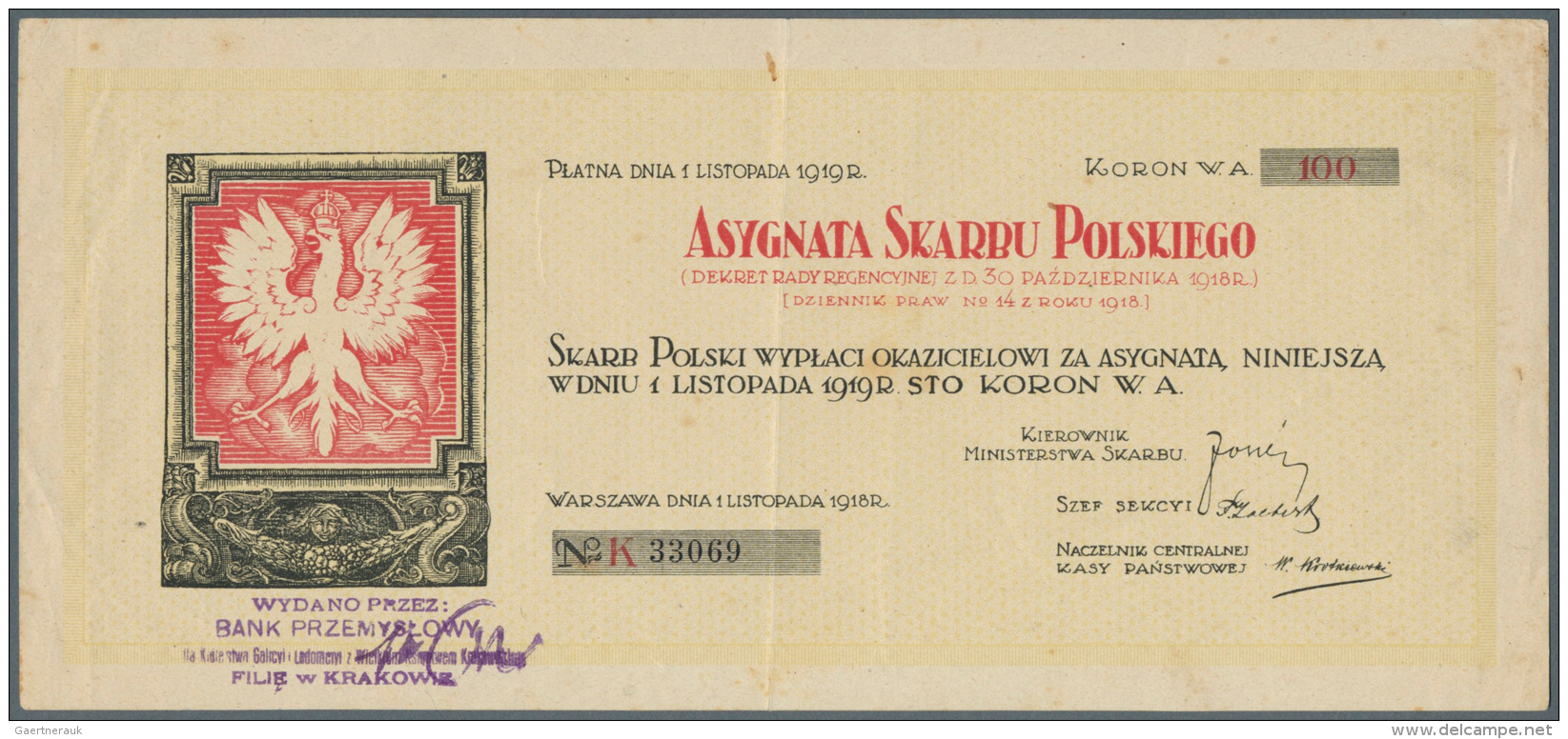 Poland / Polen: Asygnata Skarbu Polskiego 100 Koron 1918, P.NL In Excellent Condition With Just A Vertical Bend At Cente - Pologne