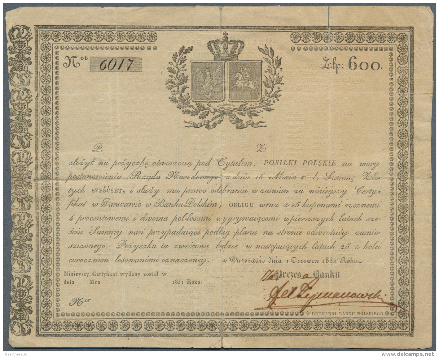 Poland / Polen: 600 Zlotych 1831, P.NL In Used Condition With A Number Of Taped Tears On Back. Very Rare! Condition: F- - Pologne