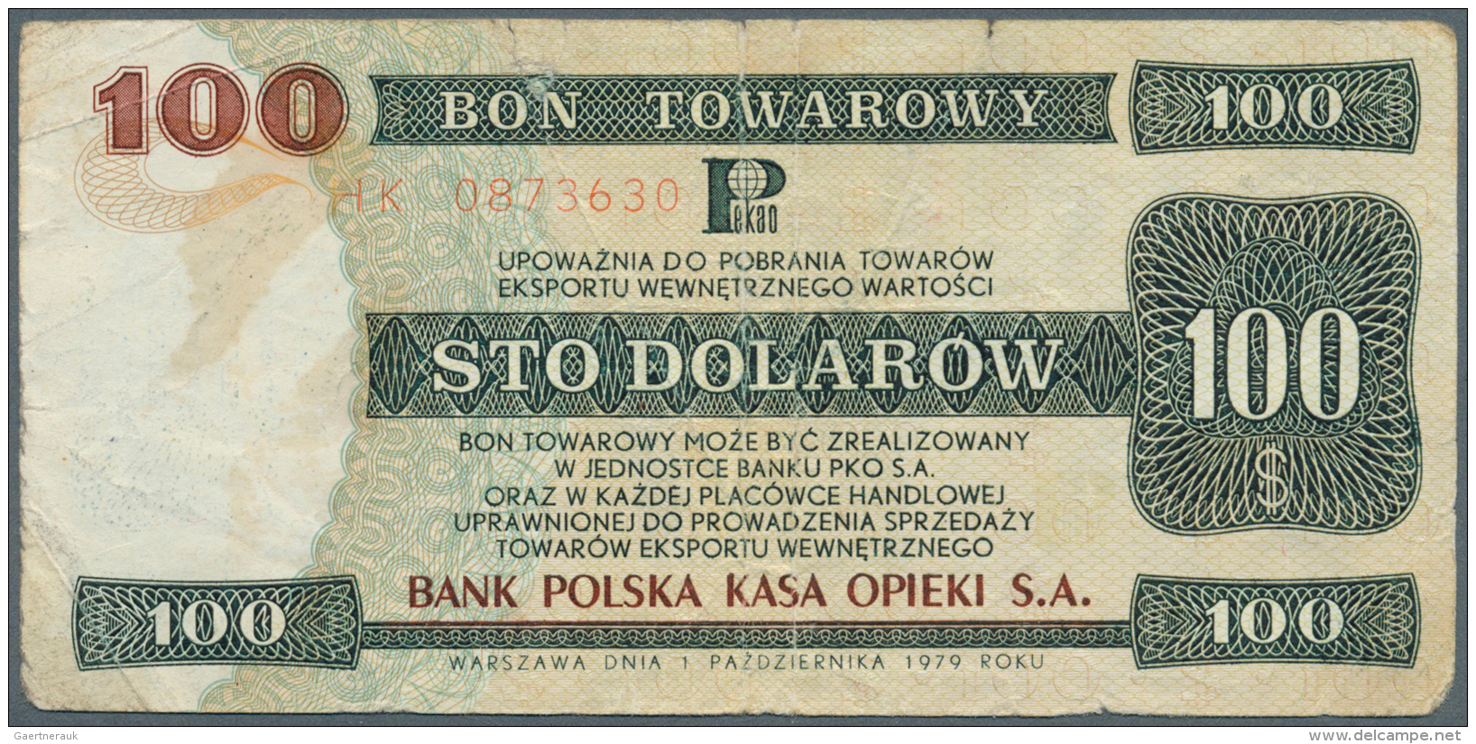 Poland / Polen: Bon Towarowy 100 Dolarow 1979, P.FX46 In Well Worn Condition, Tears At Upper And Lower Margin, Folds And - Pologne