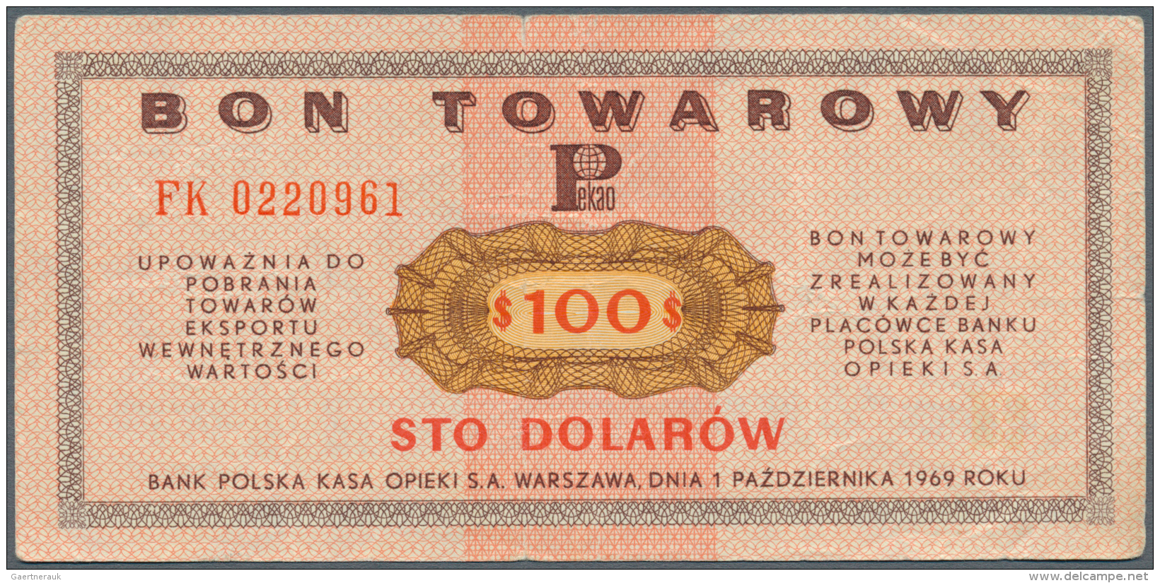 Poland / Polen: Bon Towarowy 100 Dolarow 1969, P.FX33, Several Folds And Tiny Tear At Upper Margin. Condition: F - Pologne