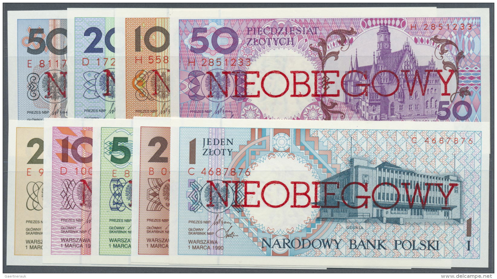 Poland / Polen: Set Of 9 Notes Of An Unissued Series Of 1990 Overprinted "not Issued" (Nieobiegowy) Containing The Value - Pologne