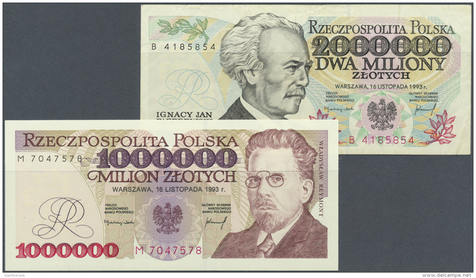 Poland / Polen: Set Of 2 Notes Containing 1 And 2 Million Zlotych 1993 P. 162, 163, The First In UNC, The Second In F+, - Pologne