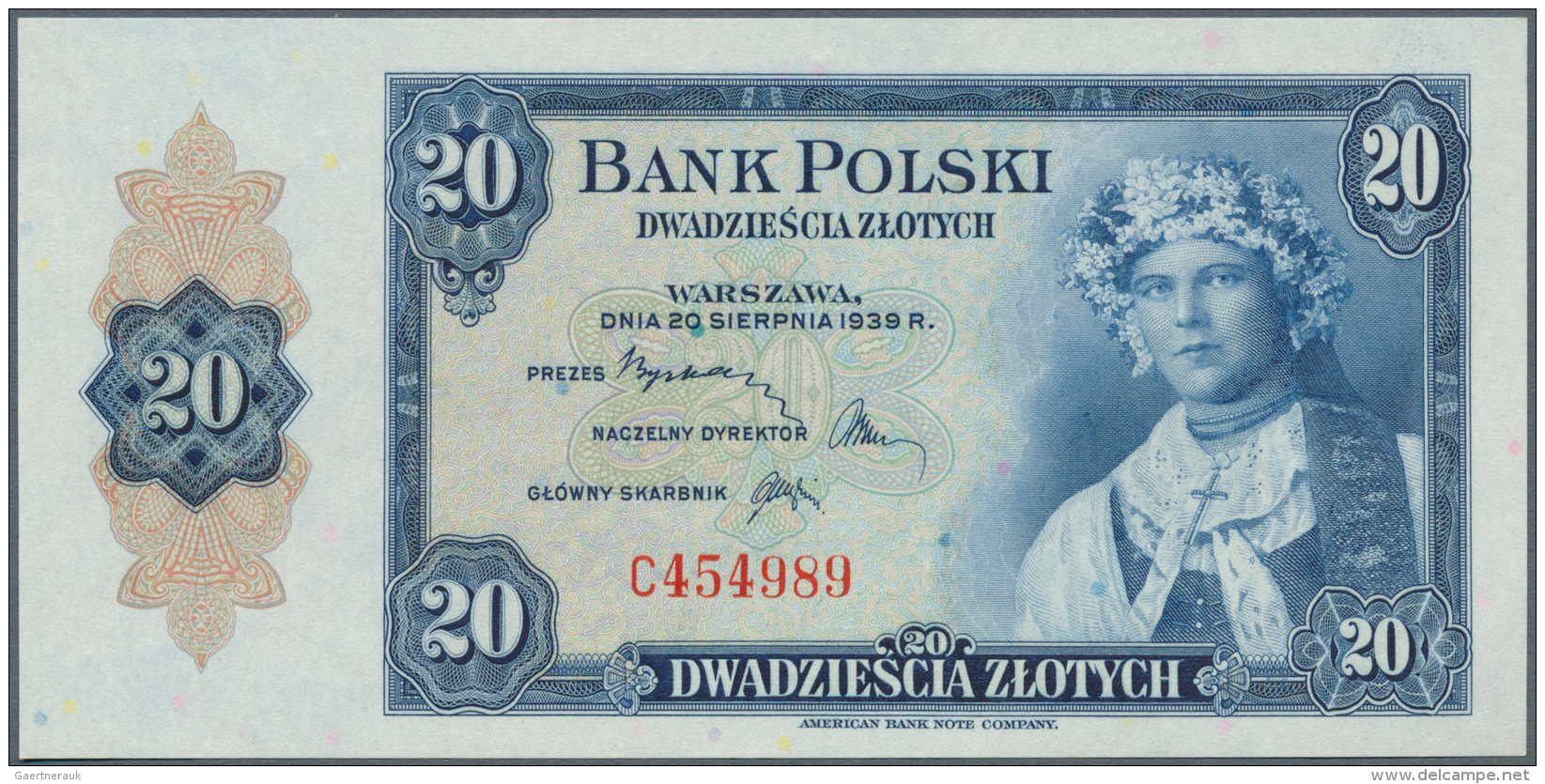 Poland / Polen: 20 Zlotych 1939 Remainder, P.87r In Perfect UNC Condition. Very Rare. - Pologne