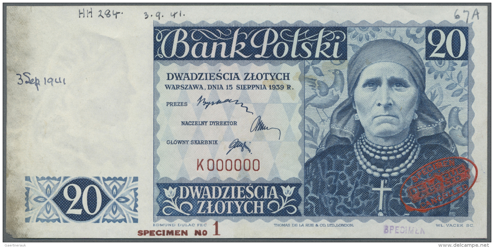 Poland / Polen: 20 Zlotych 1939 With Serial Number K000000, Additional Stamp "Specimen N&deg; 1" At Lower Margin, "De La - Pologne