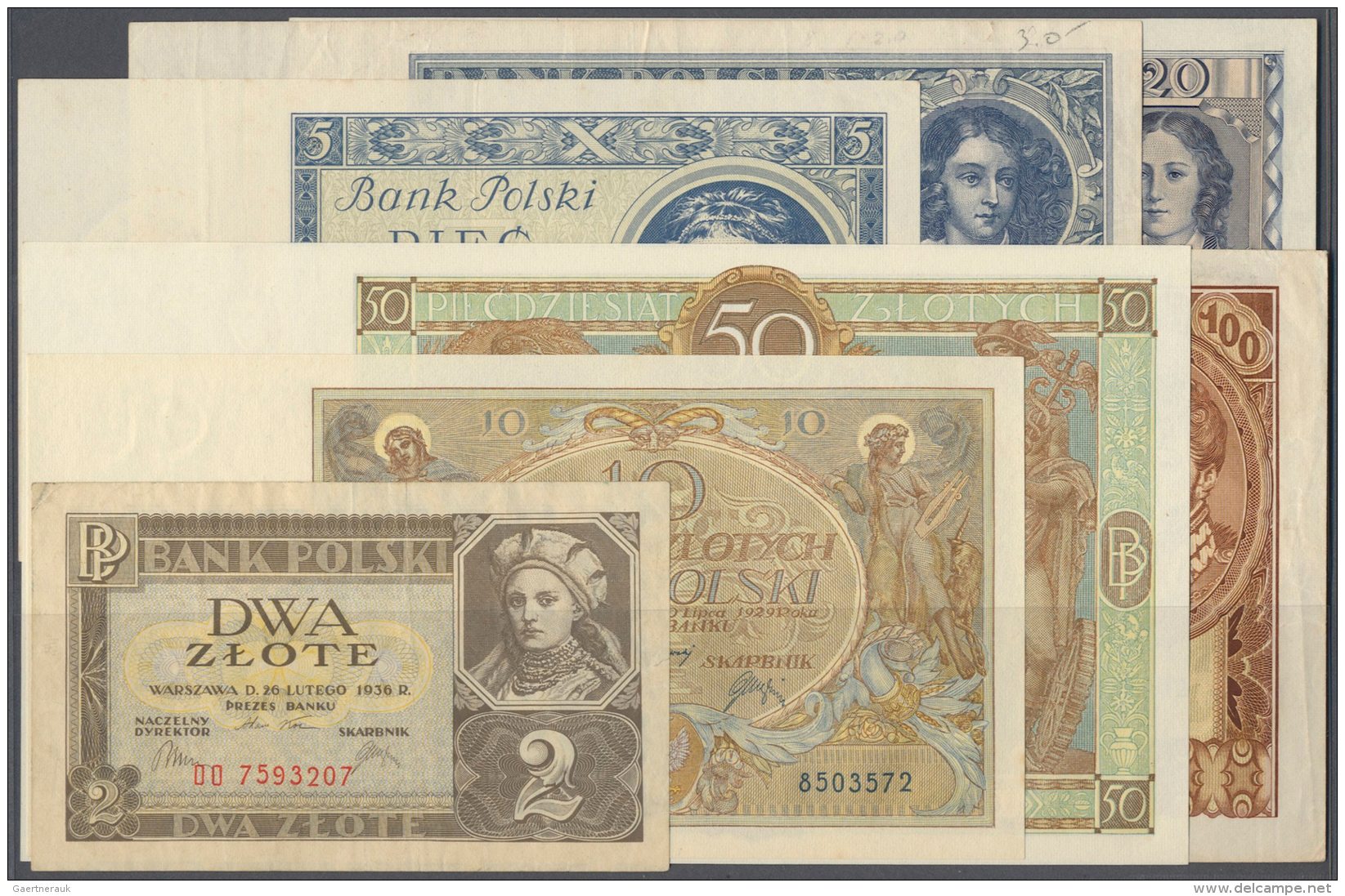 Poland / Polen: Set With 7 Banknotes 1929-1936 Including 10 And 50 Zlotych 1929 In UNC, 5 Zlotych 1930, 20 Zlotych 1931, - Pologne