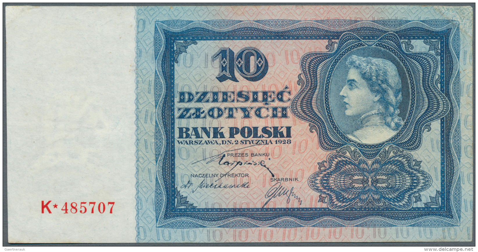 Poland / Polen: 10 Zlotych 1928, P.67, Soft Vertical Fold At Center, Edge Bend At Upper Left And Right, Tiny Brownish St - Pologne
