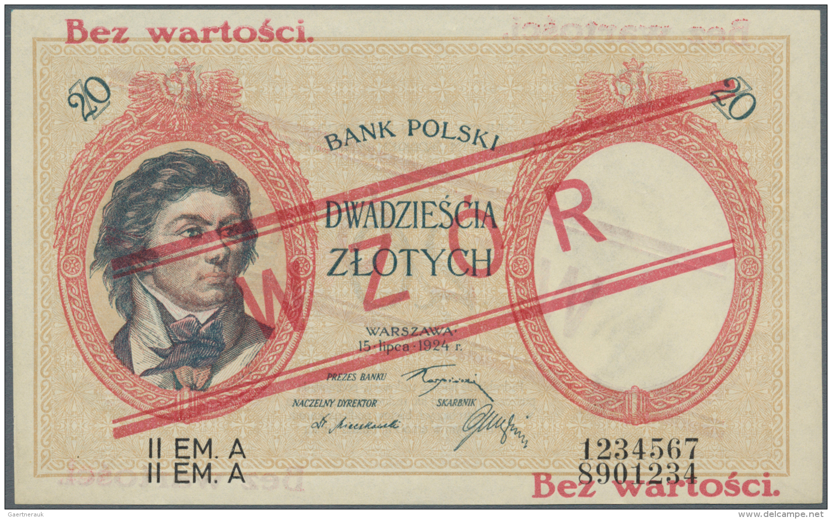 Poland / Polen: 20 Zlotych 1924, II. Emission Specimen With Red Ovpt. WZOR, P.63s In Perfect UNC Condition. Very Rare! - Pologne