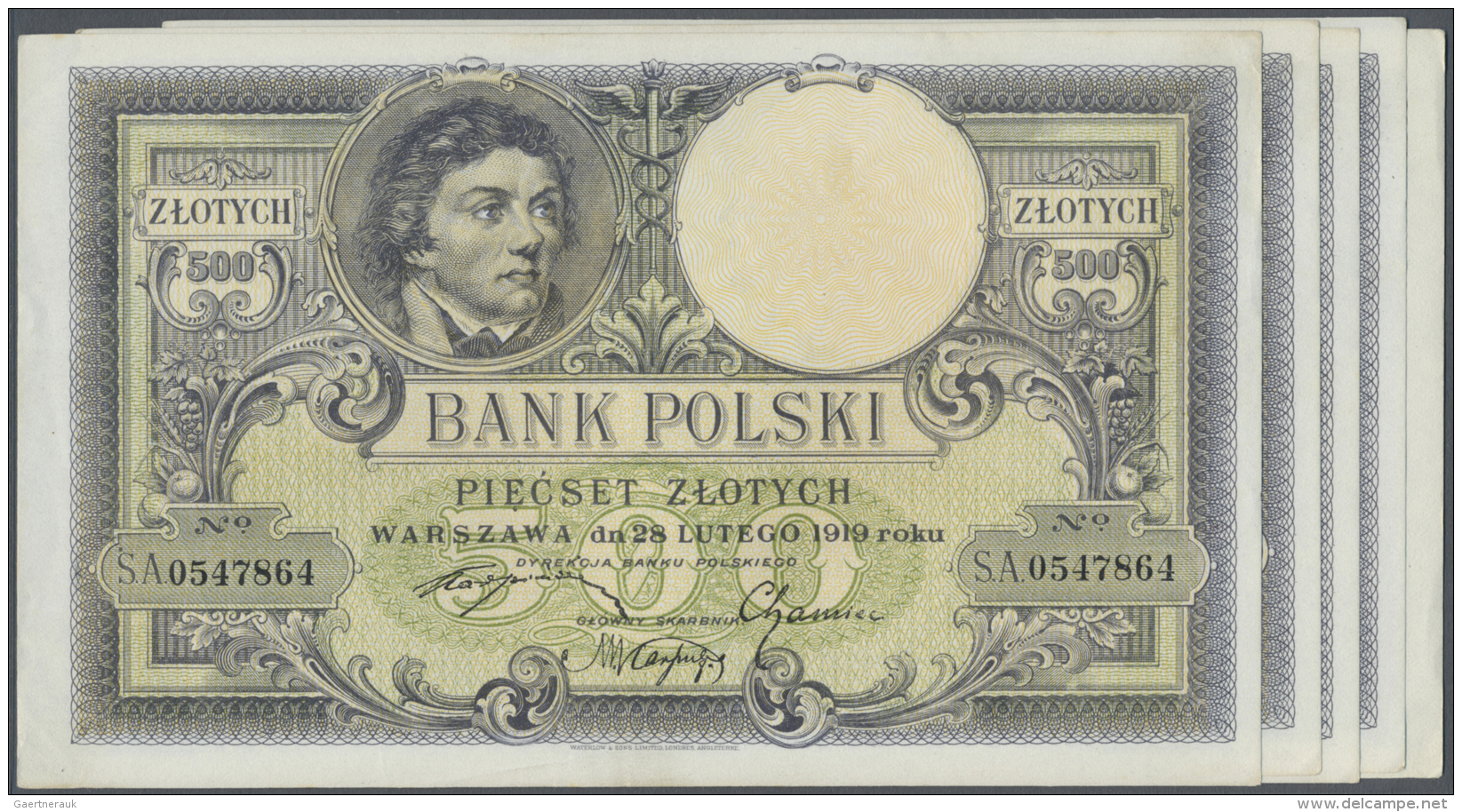 Poland / Polen: Set Of 5 Banknotes 500 Zlotych 1919 P. 58, Three Of Them Consecutive, All Similar Condition With Light D - Pologne