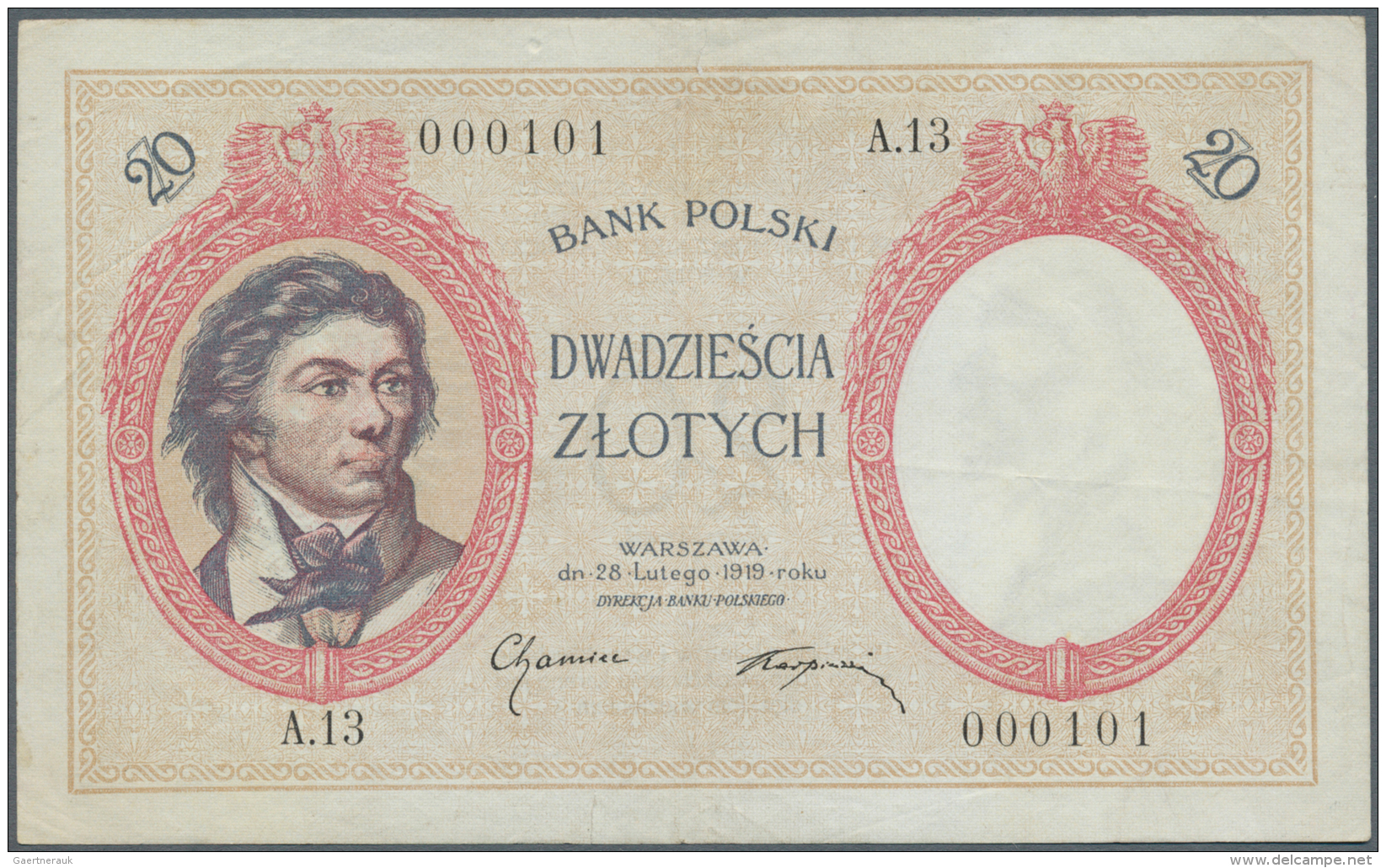 Poland / Polen: 20 Zlotych 1919, P.55, Small Creases In The Paper, Vertical Fold At Center, Small Tears At Upper And Low - Pologne