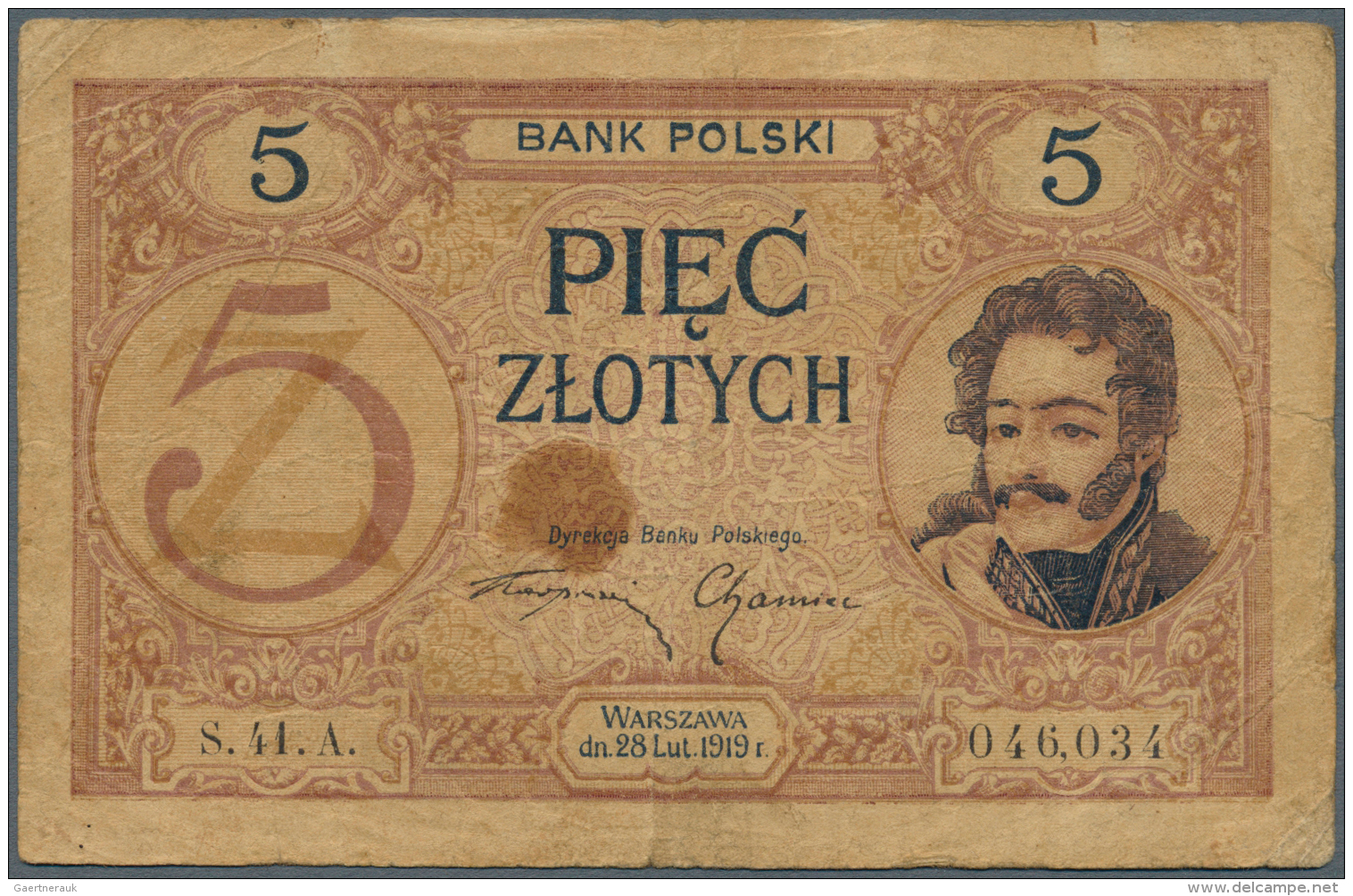 Poland / Polen: 5 Zlotych 1919, P.53, Well Worn With Brownish Stain At Center, Several Folds And Tiny Tears At Right Bor - Pologne