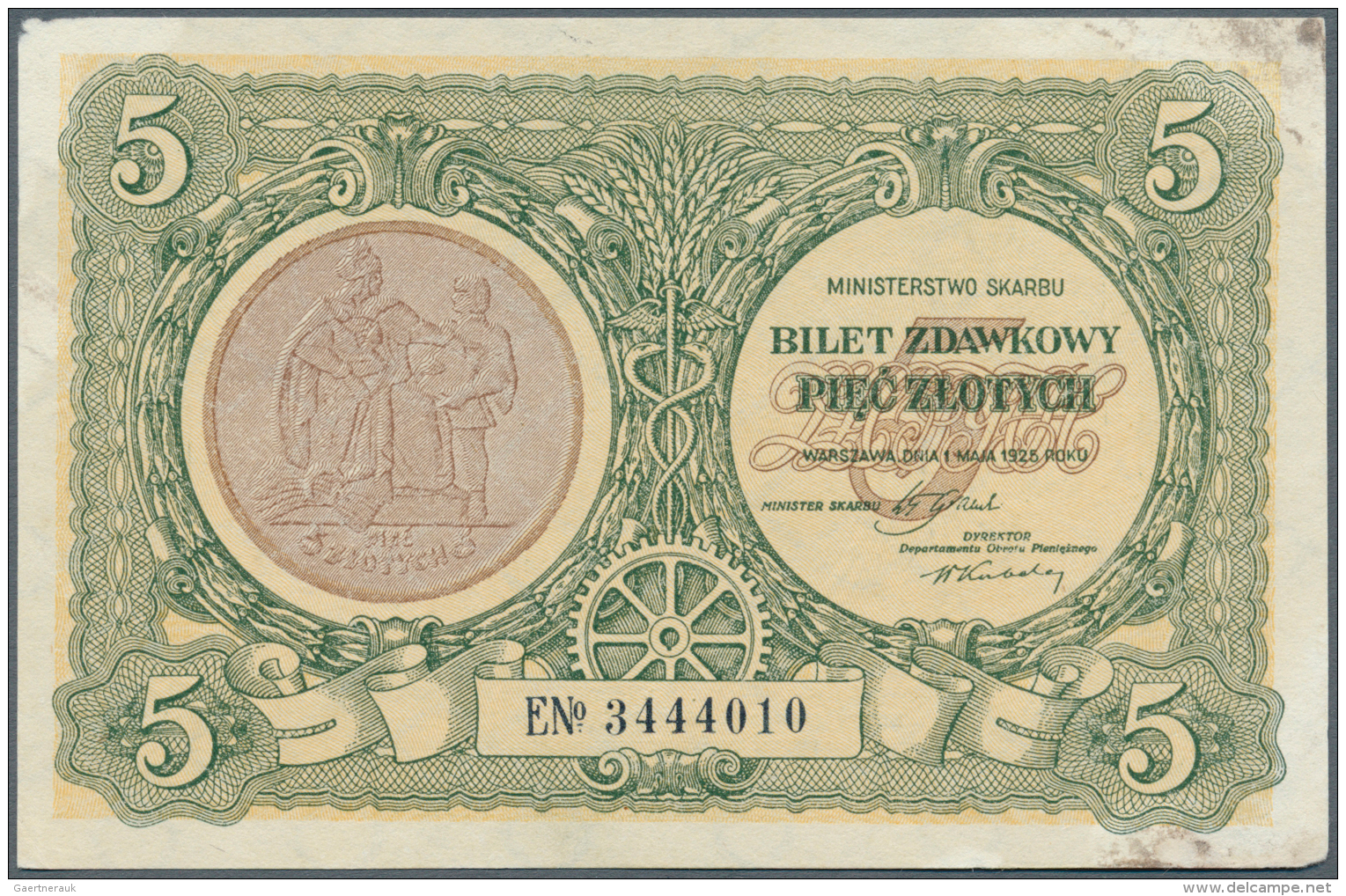 Poland / Polen: 5 Zlotych 1925, P.48, Black Stains At Upper And Lower Right Corner, Tiny Missing Part Of The Paper At Up - Pologne